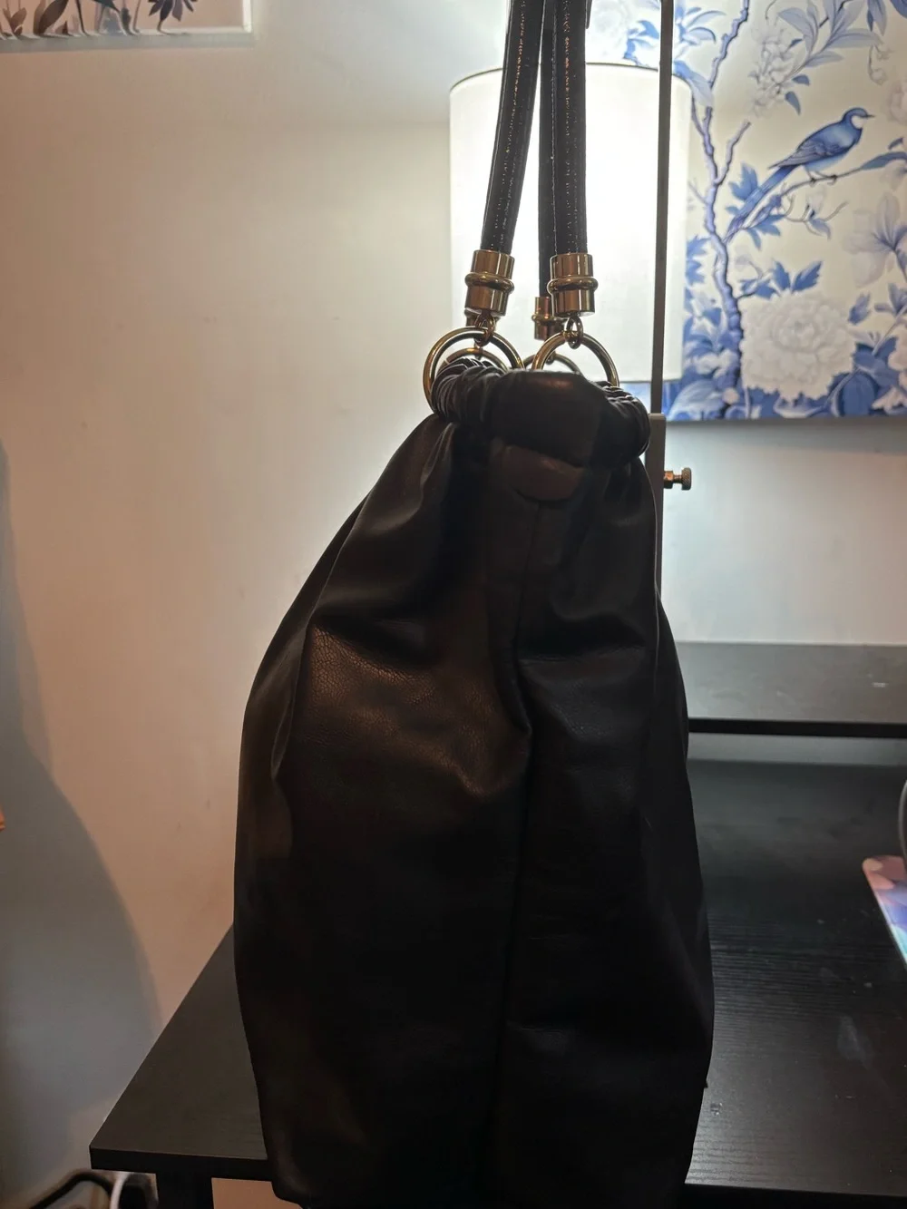 Authentic Stella McCartney Noma Soft Drawstring Shopper Tote Black/Gold Hardware